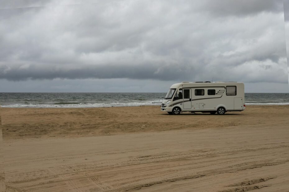 Motorhome parked in narrow residential driveway demonstrating tight storage constraints